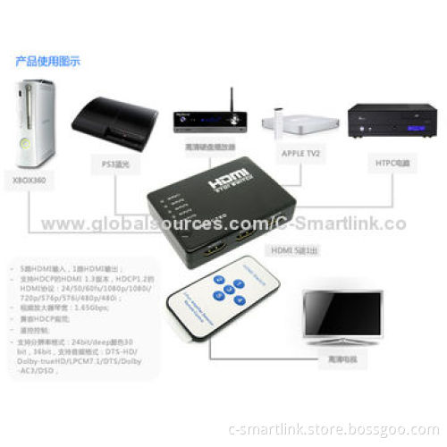 HDMI 5 x 1 Switch, IR Remote and with AC Power Port, Supports 3D, 1,080P, HDCP, Auto-switch